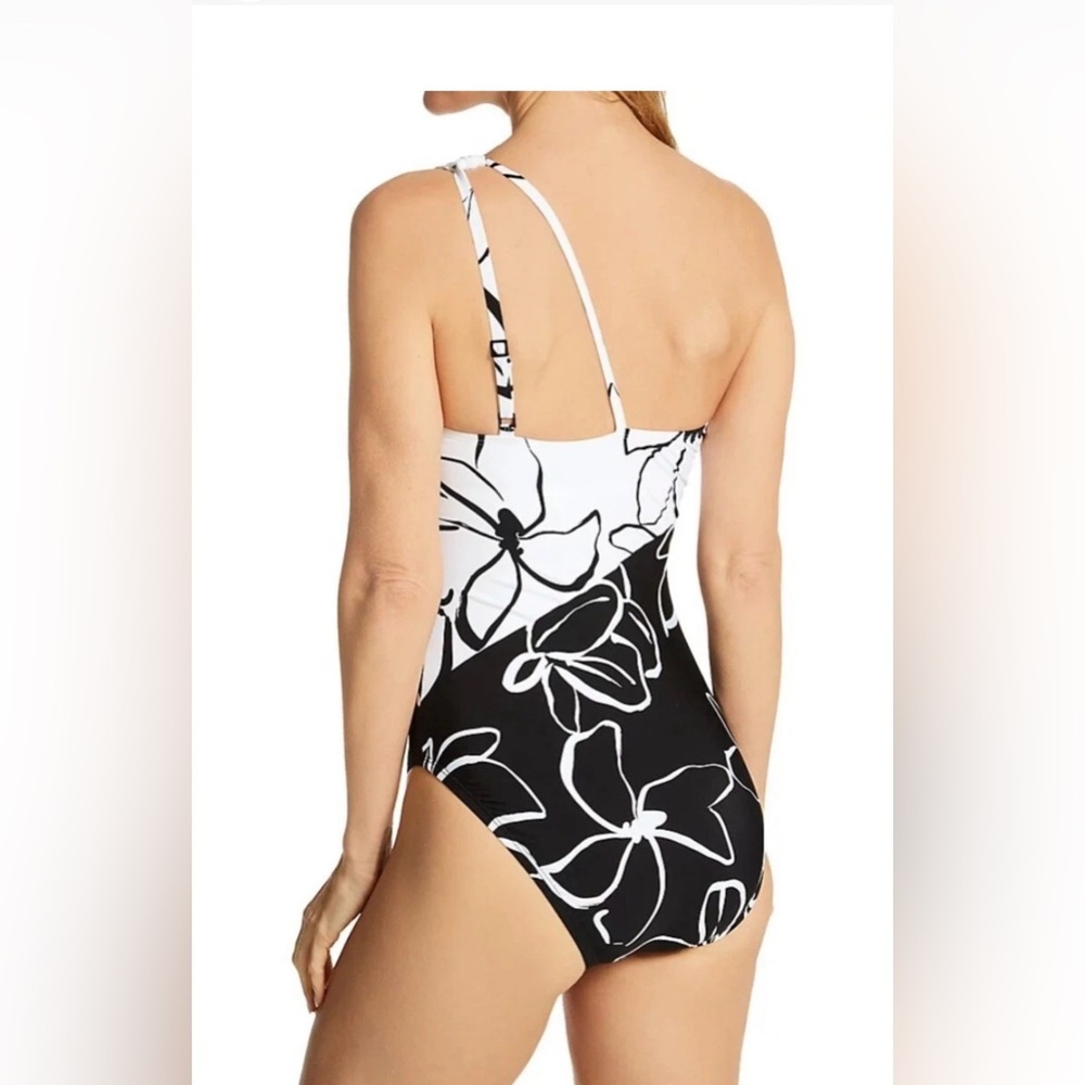 La Blanca Moonlit Silhouette one-shoulder keyhole swimsuit Black & White Size 10 - Picture 5 of 5